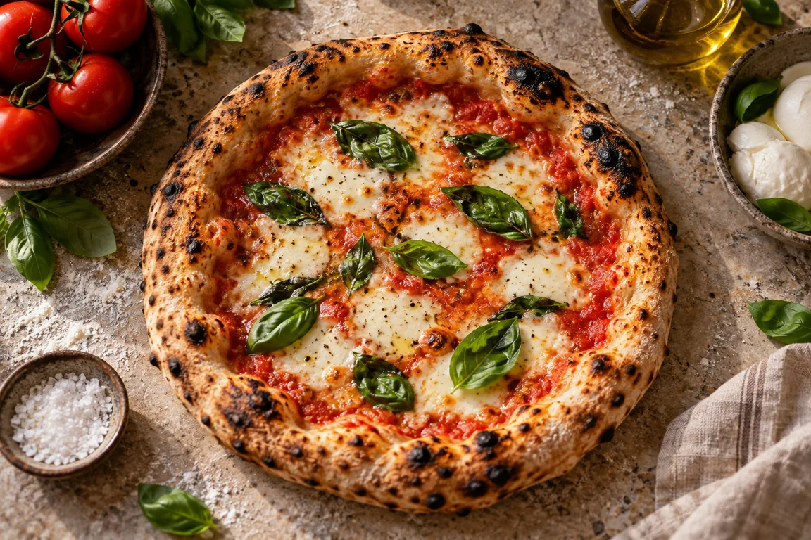 بيتزا مارغريتا طازجة مع الريحان والطماطم على طاولة ريفية